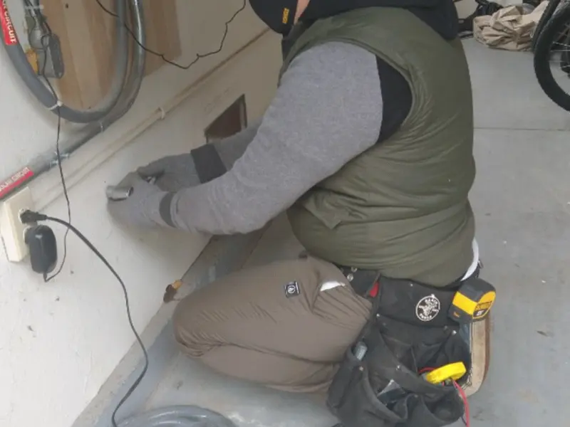 Electrician performing outlet wiring in a Minerva garage